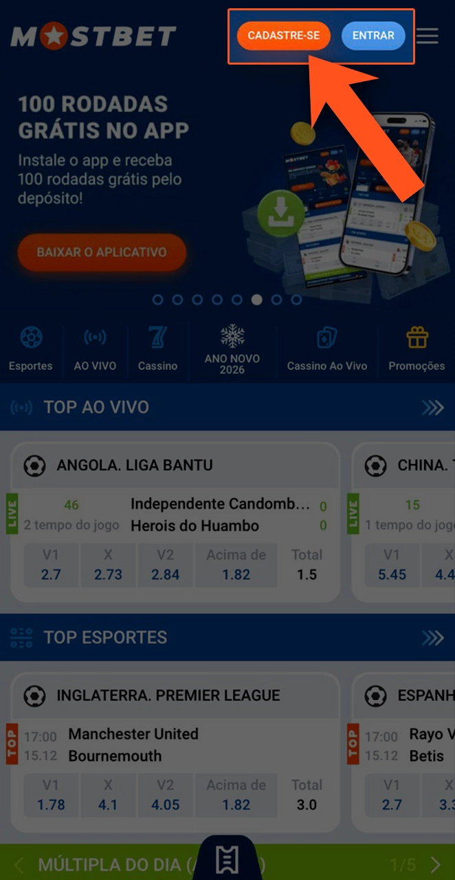 Clique no botão de cadastro para criar uma conta na Mostbet.