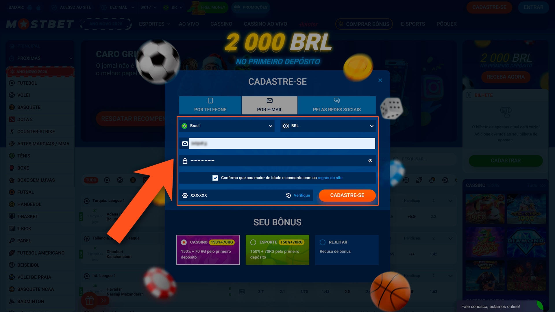 Insira suas informações pessoais para se cadastrar na Mostbet.